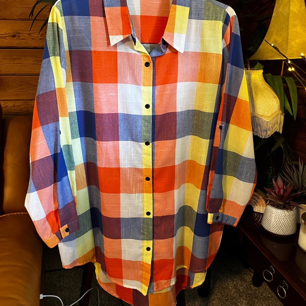 Oversized 3x Multicolor Plaid Button-Down Shirt (54”B x 35/41”L)Linen cotton